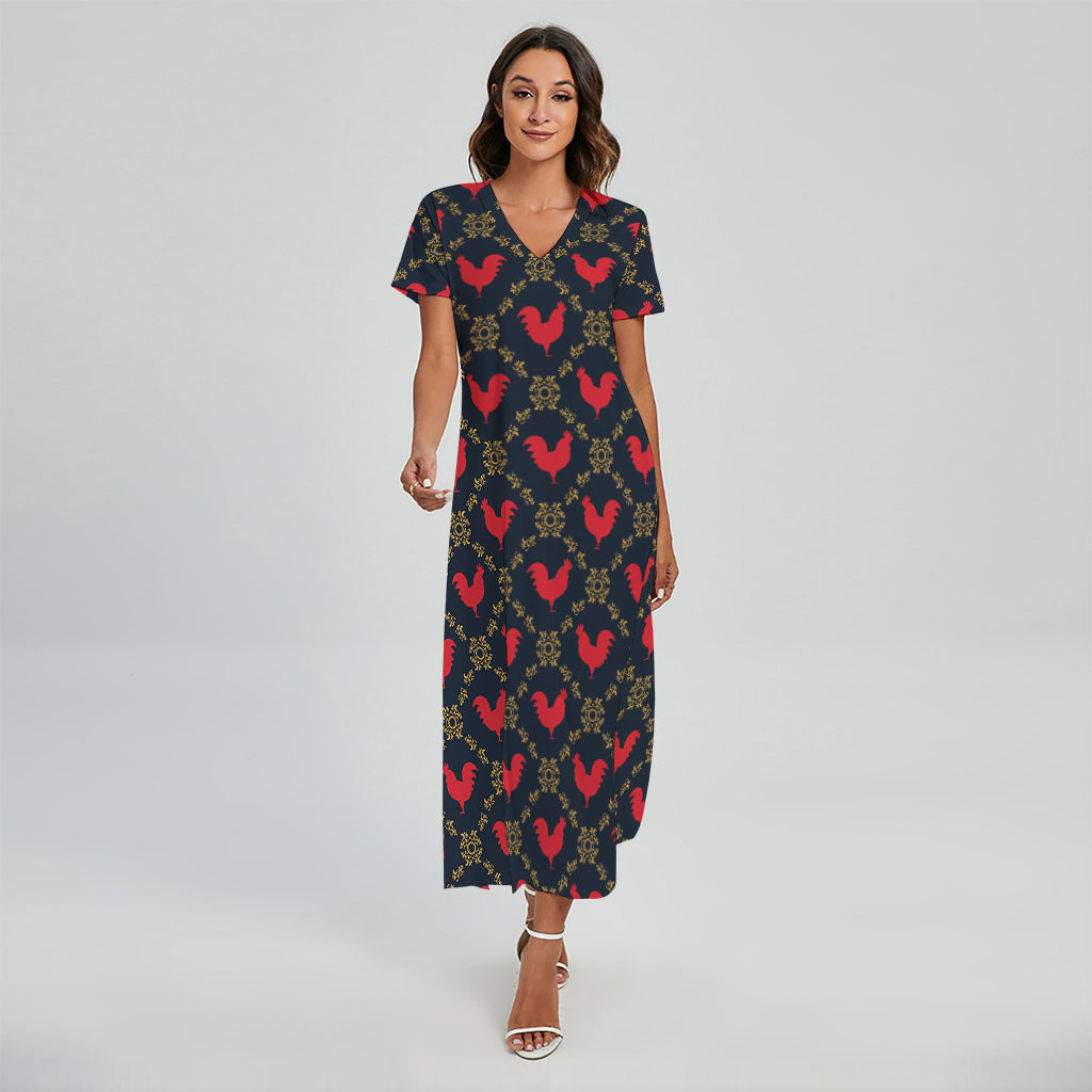 Red Rooster Pattern Print Short Sleeve Maxi Dress