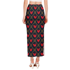 Red Rooster Pattern Print Side Slit Maxi Skirt