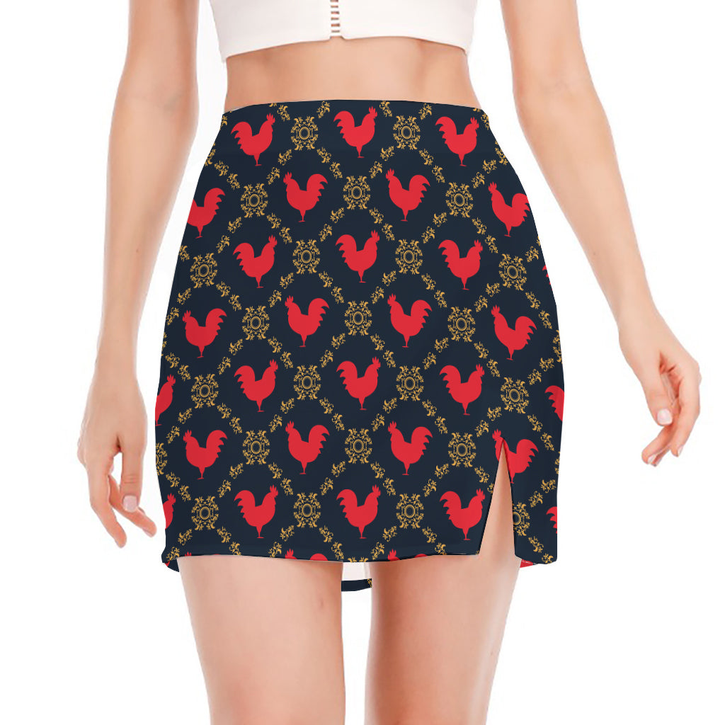 Red Rooster Pattern Print Side Slit Mini Skirt