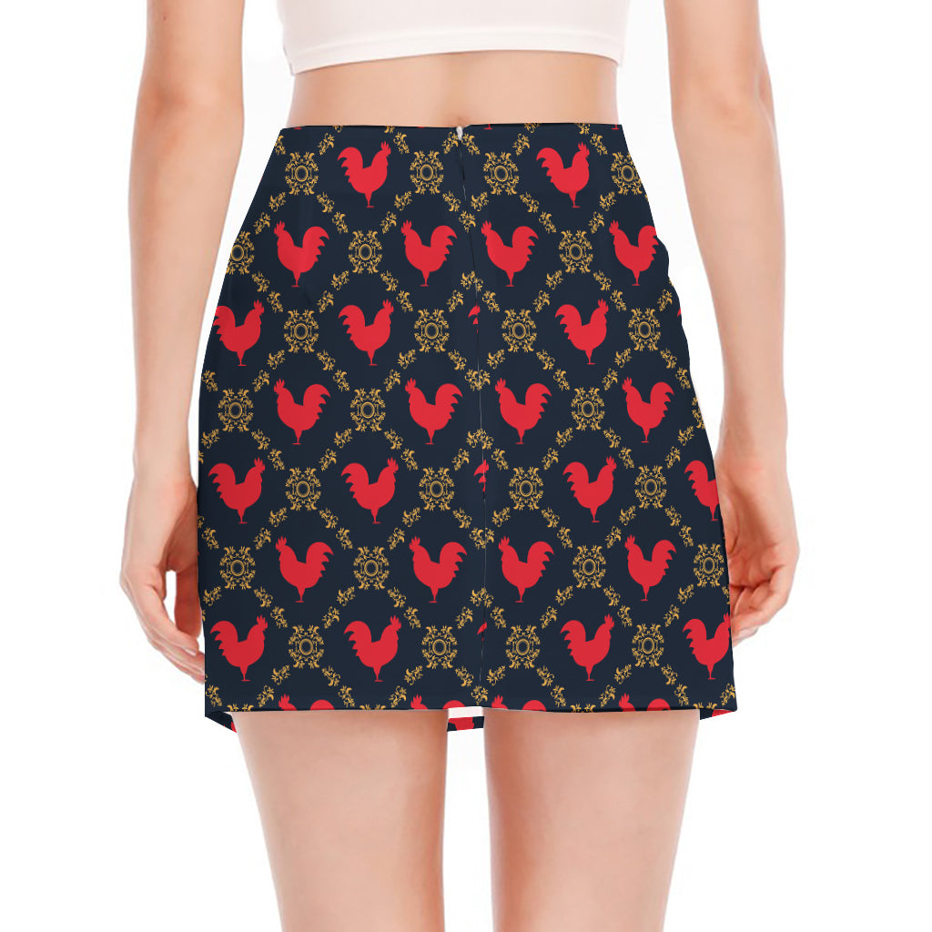 Red Rooster Pattern Print Side Slit Mini Skirt