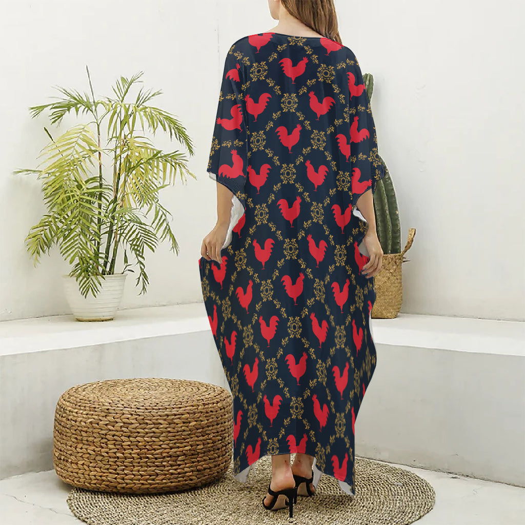 Red Rooster Pattern Print Silk V-Neck Kaftan Dress