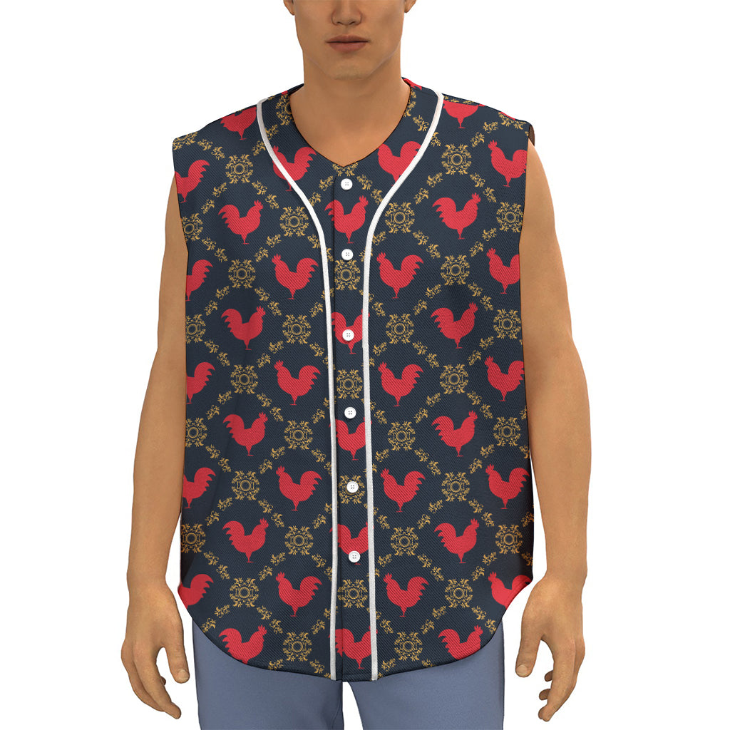 Red Rooster Pattern Print Sleeveless Baseball Jersey