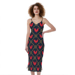 Red Rooster Pattern Print Slim Fit Midi Cami Dress