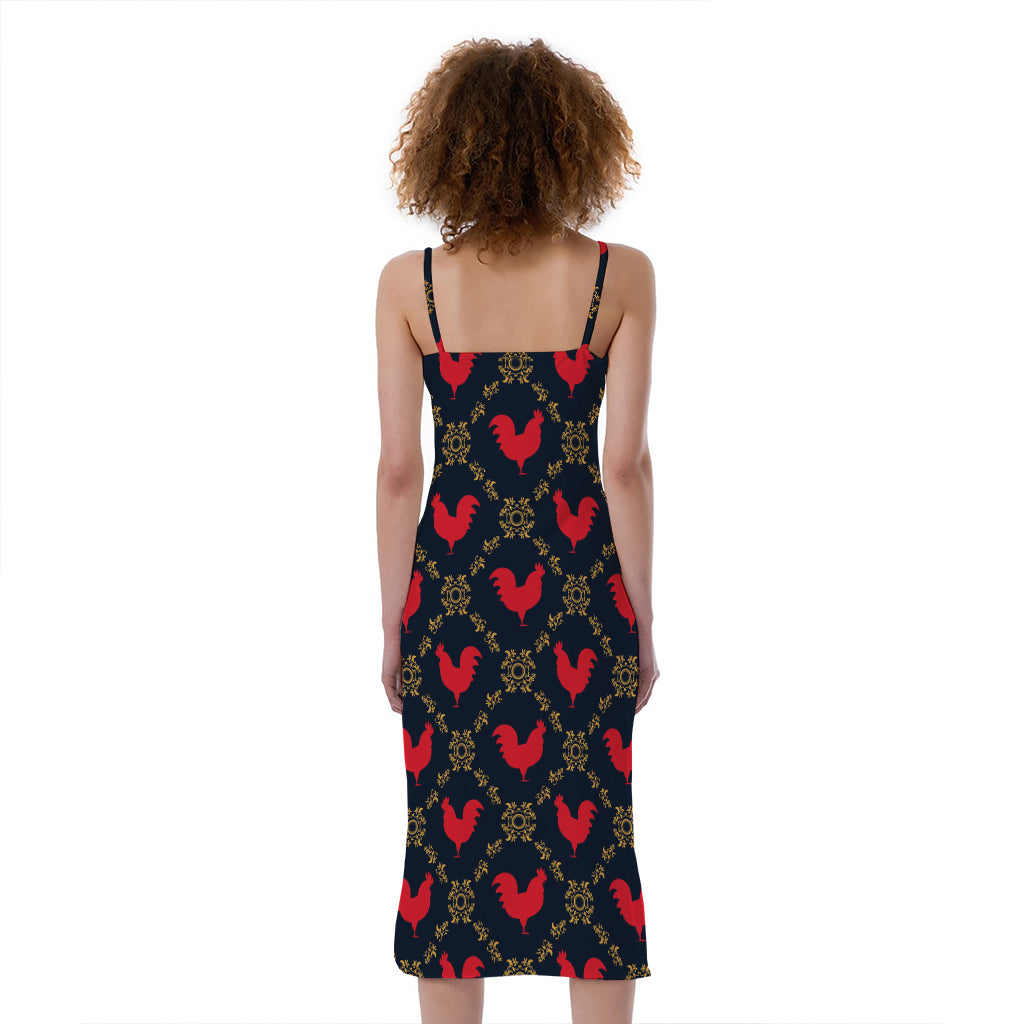 Red Rooster Pattern Print Slim Fit Midi Cami Dress