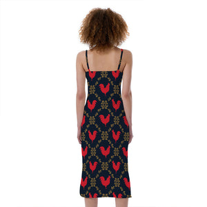 Red Rooster Pattern Print Slim Fit Midi Cami Dress