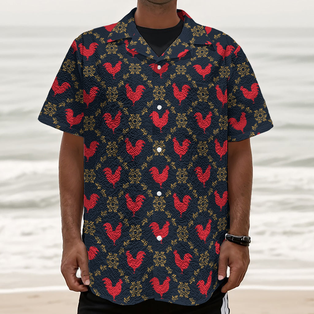 Red Rooster Pattern Print Textured Short Sleeve Shirt