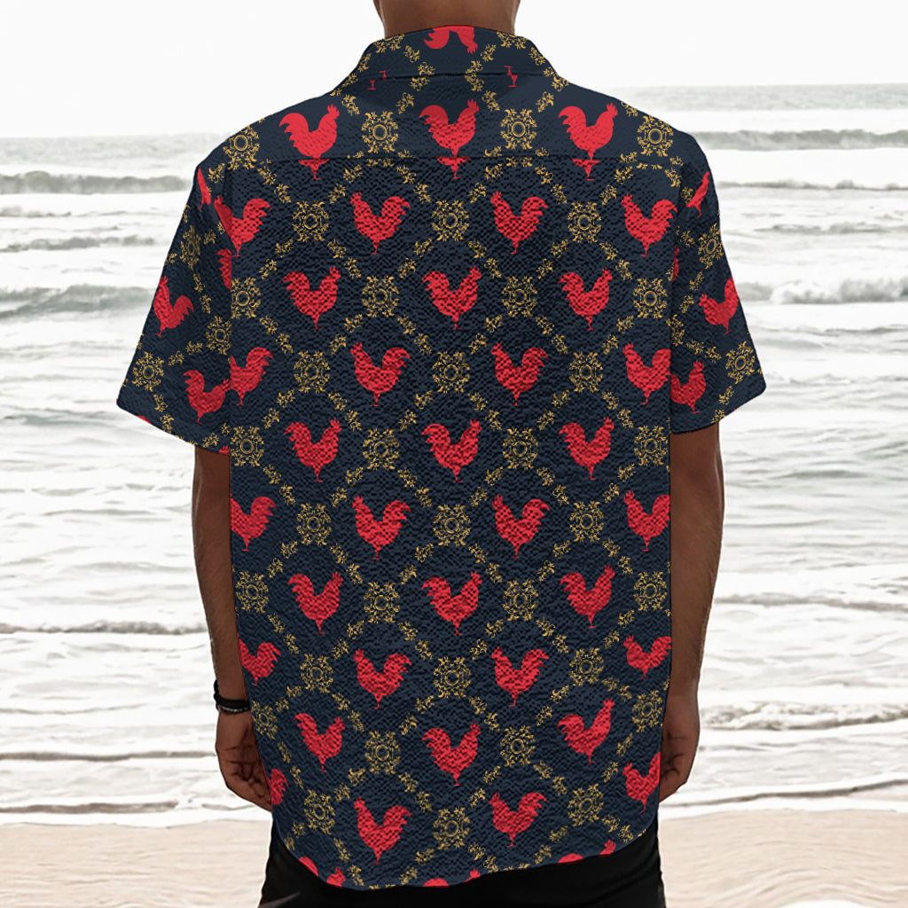 Red Rooster Pattern Print Textured Short Sleeve Shirt