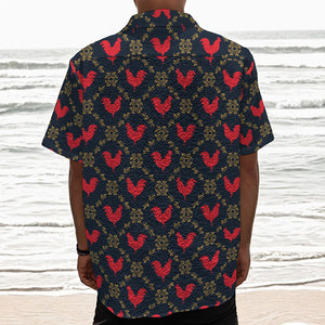 Red Rooster Pattern Print Textured Short Sleeve Shirt