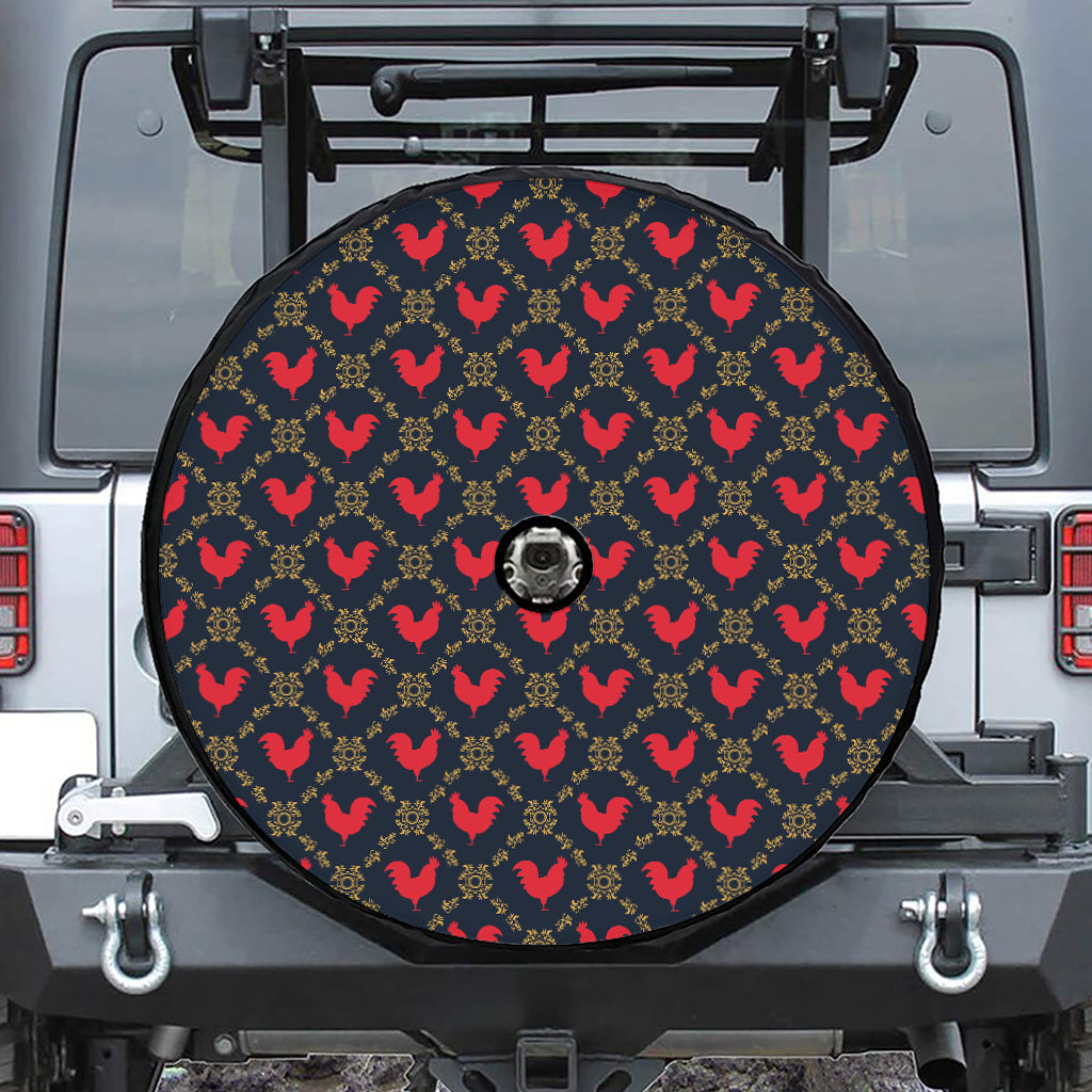 Red Rooster Pattern Print Tire Cover With Camera Hole
