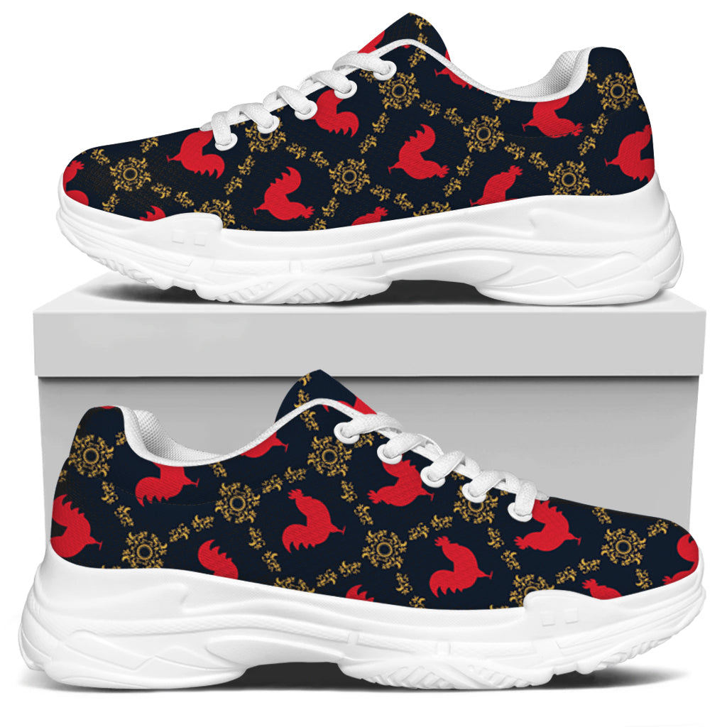 Red Rooster Pattern Print White Chunky Shoes