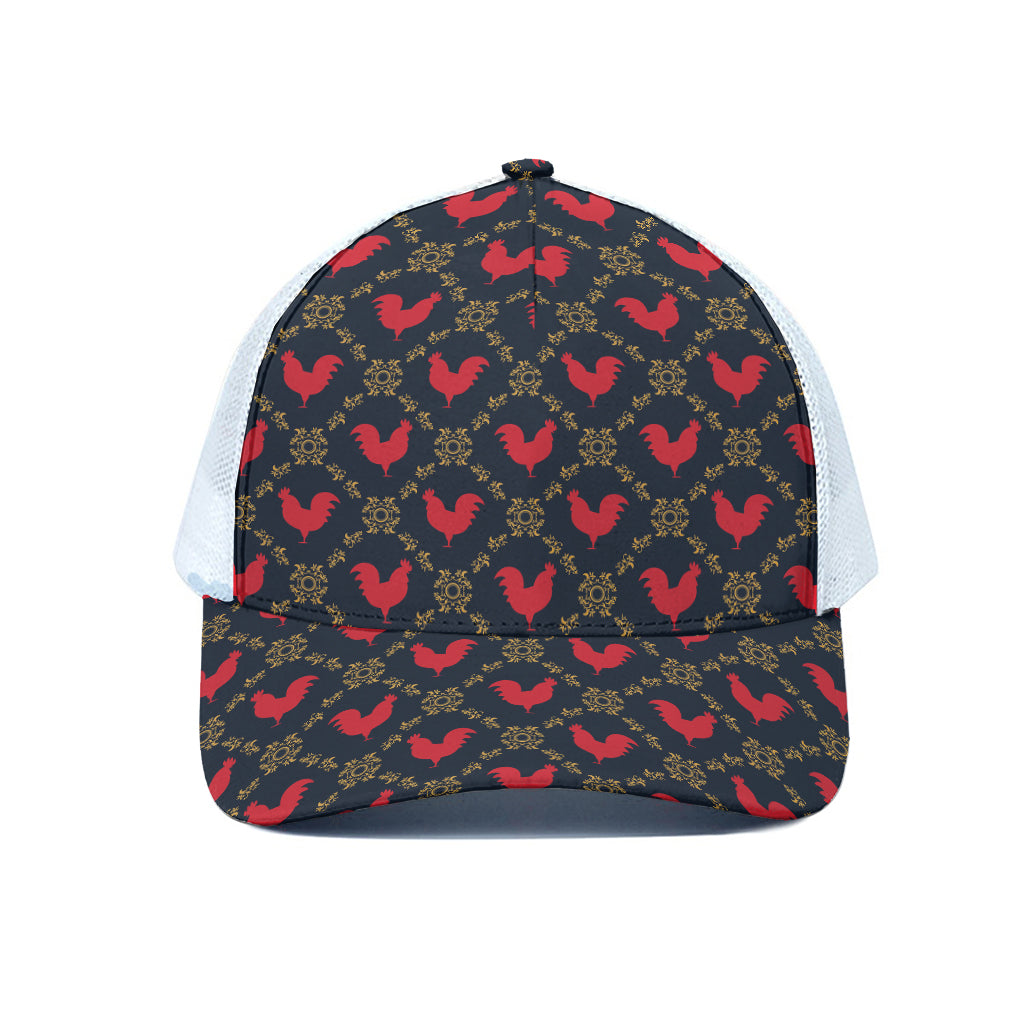 Red Rooster Pattern Print White Mesh Trucker Cap