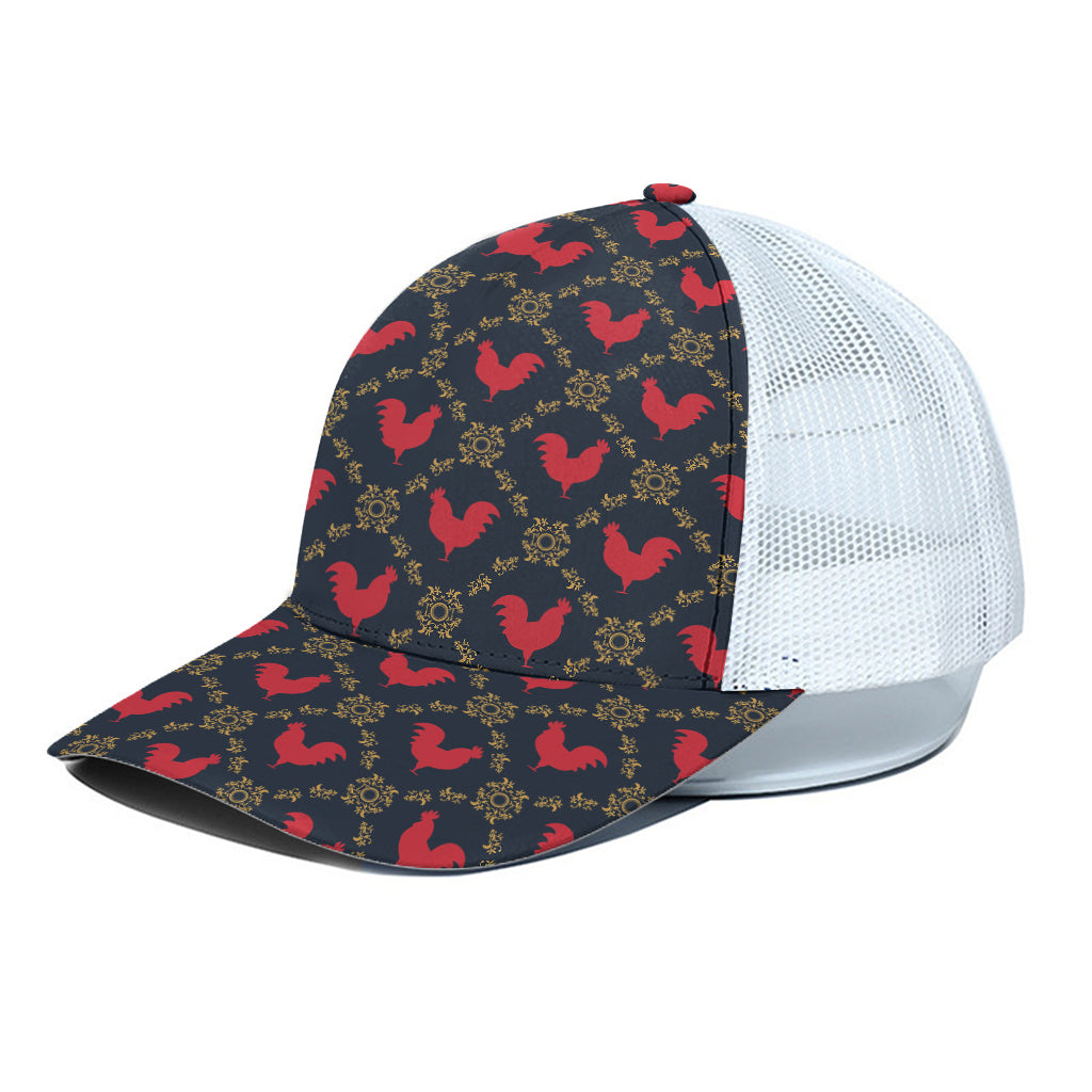 Red Rooster Pattern Print White Mesh Trucker Cap