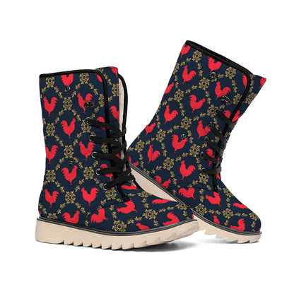 Red Rooster Pattern Print Winter Boots