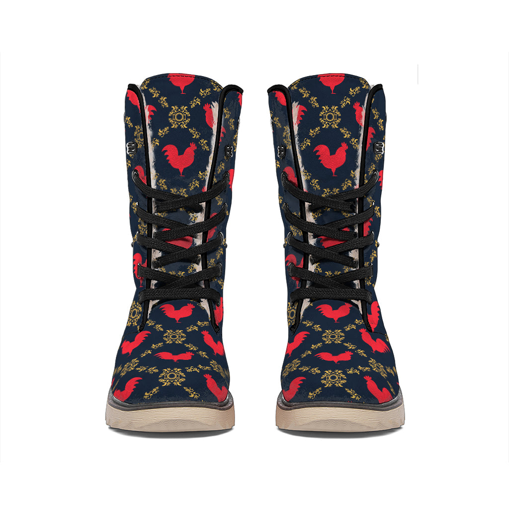 Red Rooster Pattern Print Winter Boots
