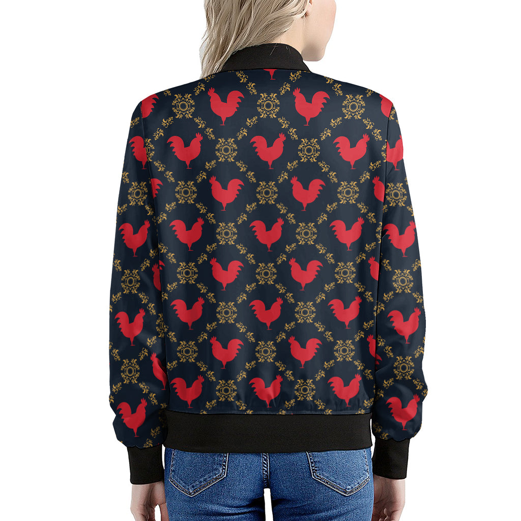 Red Rooster Pattern Print Women's Bomber Jacket