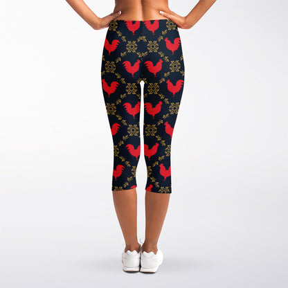 Red Rooster Pattern Print Women's Capri Leggings