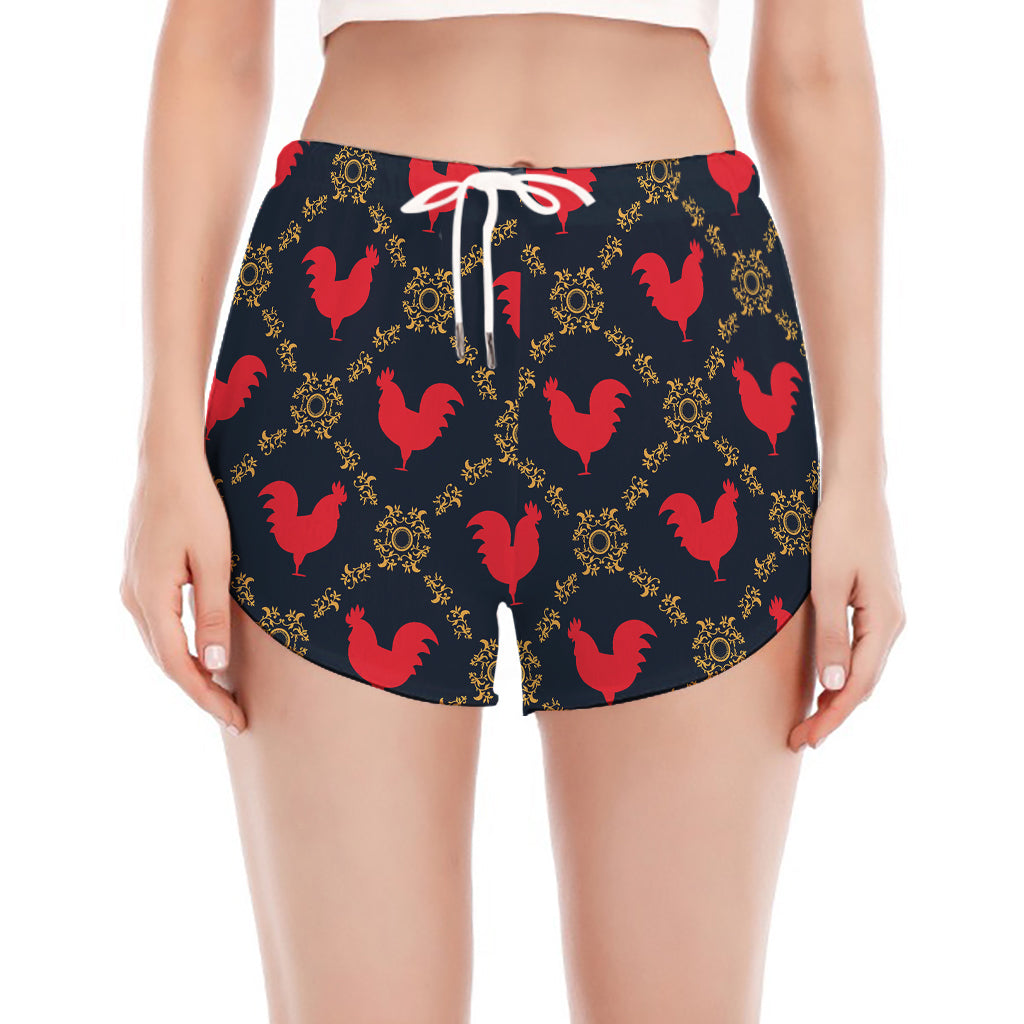 Red Rooster Pattern Print Women's Split Running Shorts