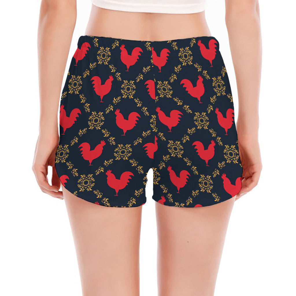 Red Rooster Pattern Print Women's Split Running Shorts