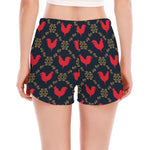 Red Rooster Pattern Print Women's Split Running Shorts