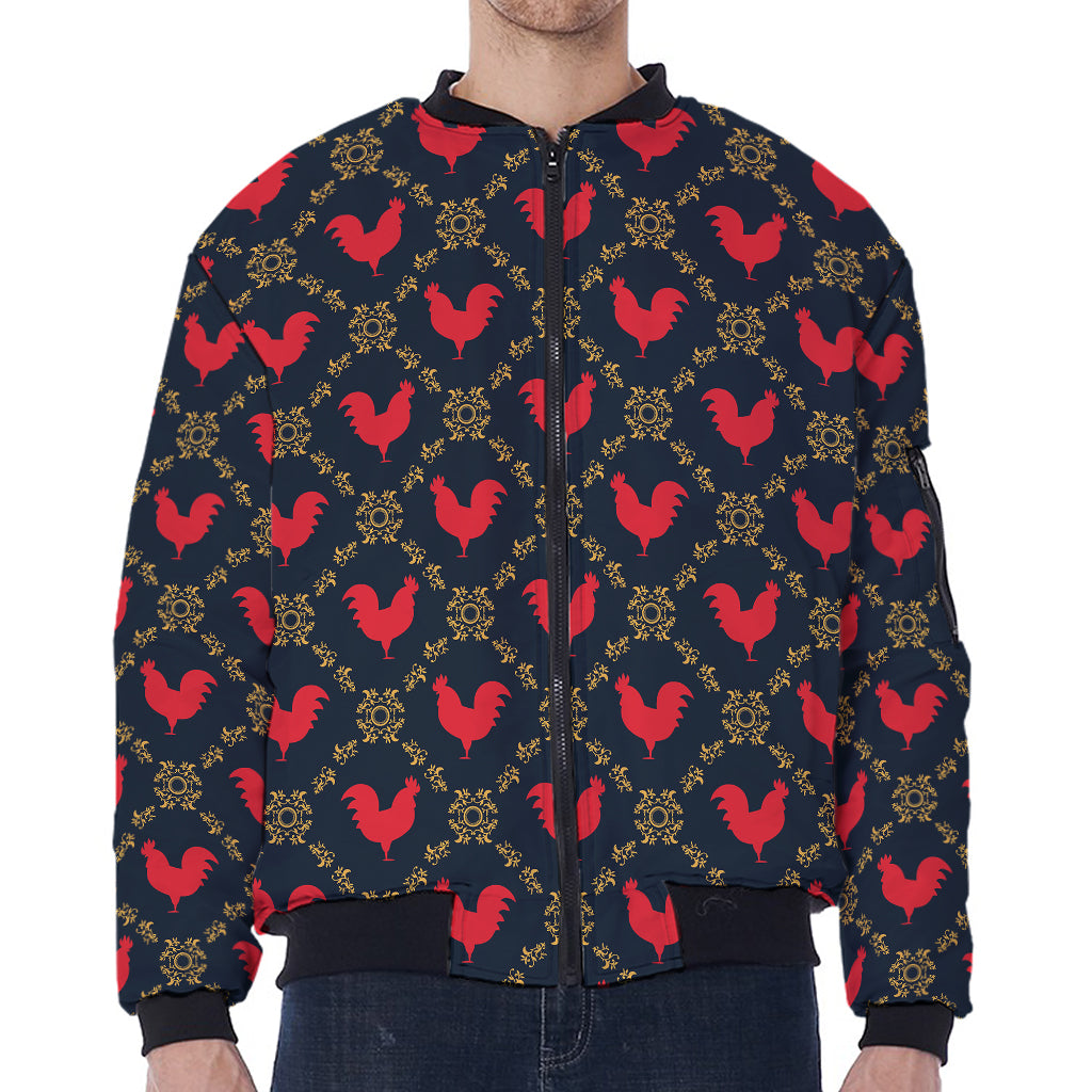 Red Rooster Pattern Print Zip Sleeve Bomber Jacket