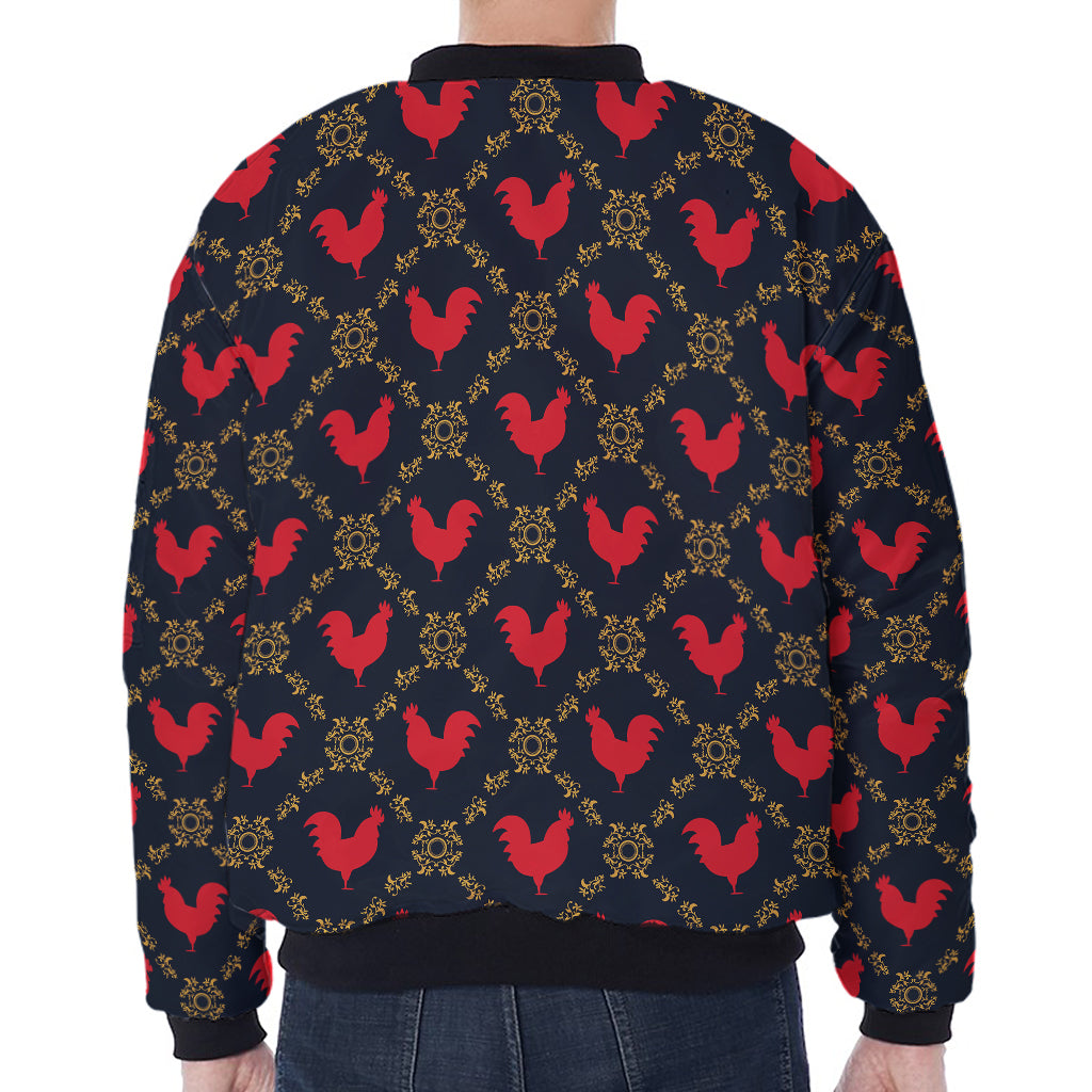 Red Rooster Pattern Print Zip Sleeve Bomber Jacket