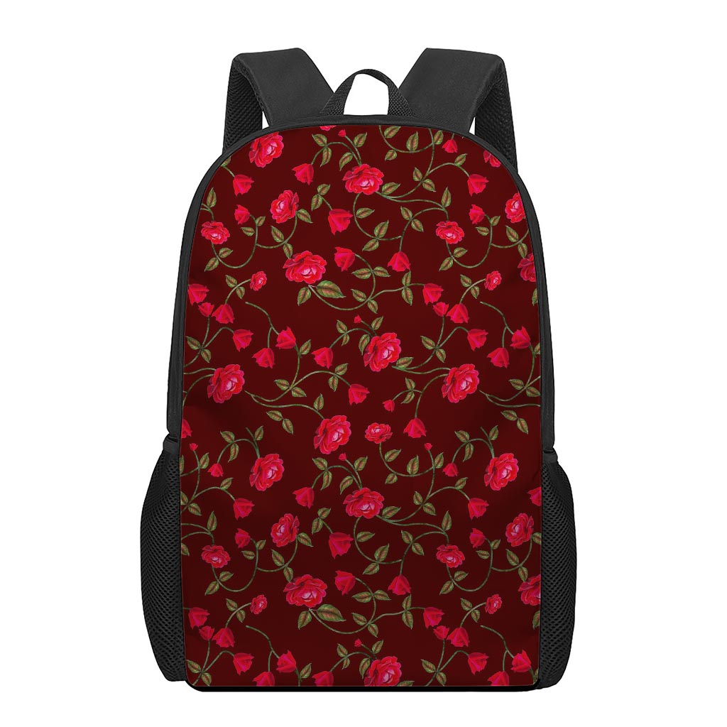 Red Rose Floral Flower Pattern Print 17 Inch Backpack