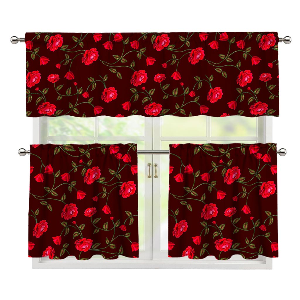 Red Rose Floral Flower Pattern Print 3 Piece Kitchen Curtains