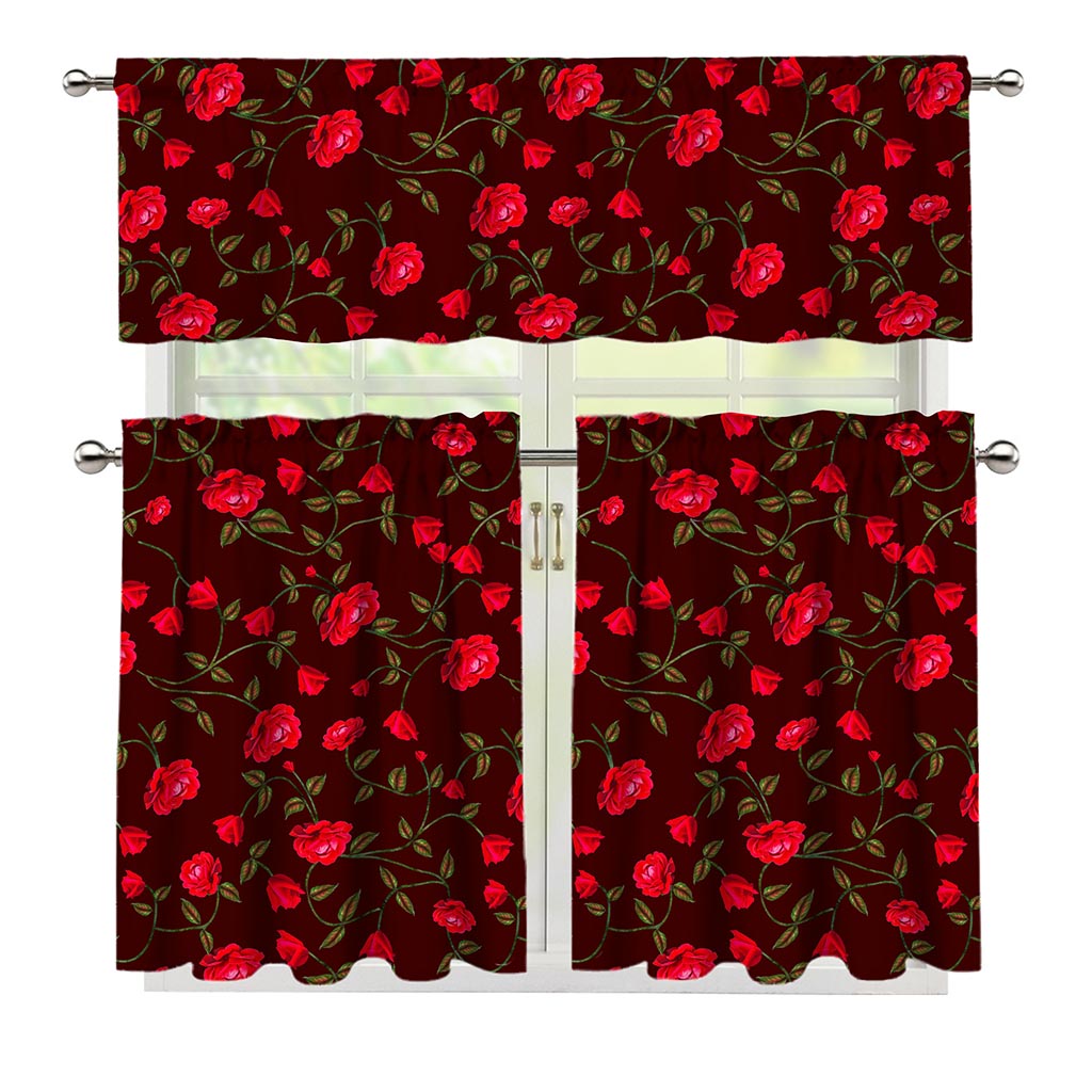 Red Rose Floral Flower Pattern Print 3 Piece Kitchen Curtains