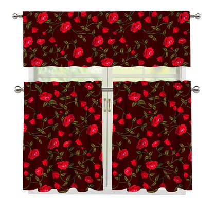 Red Rose Floral Flower Pattern Print 3 Piece Kitchen Curtains