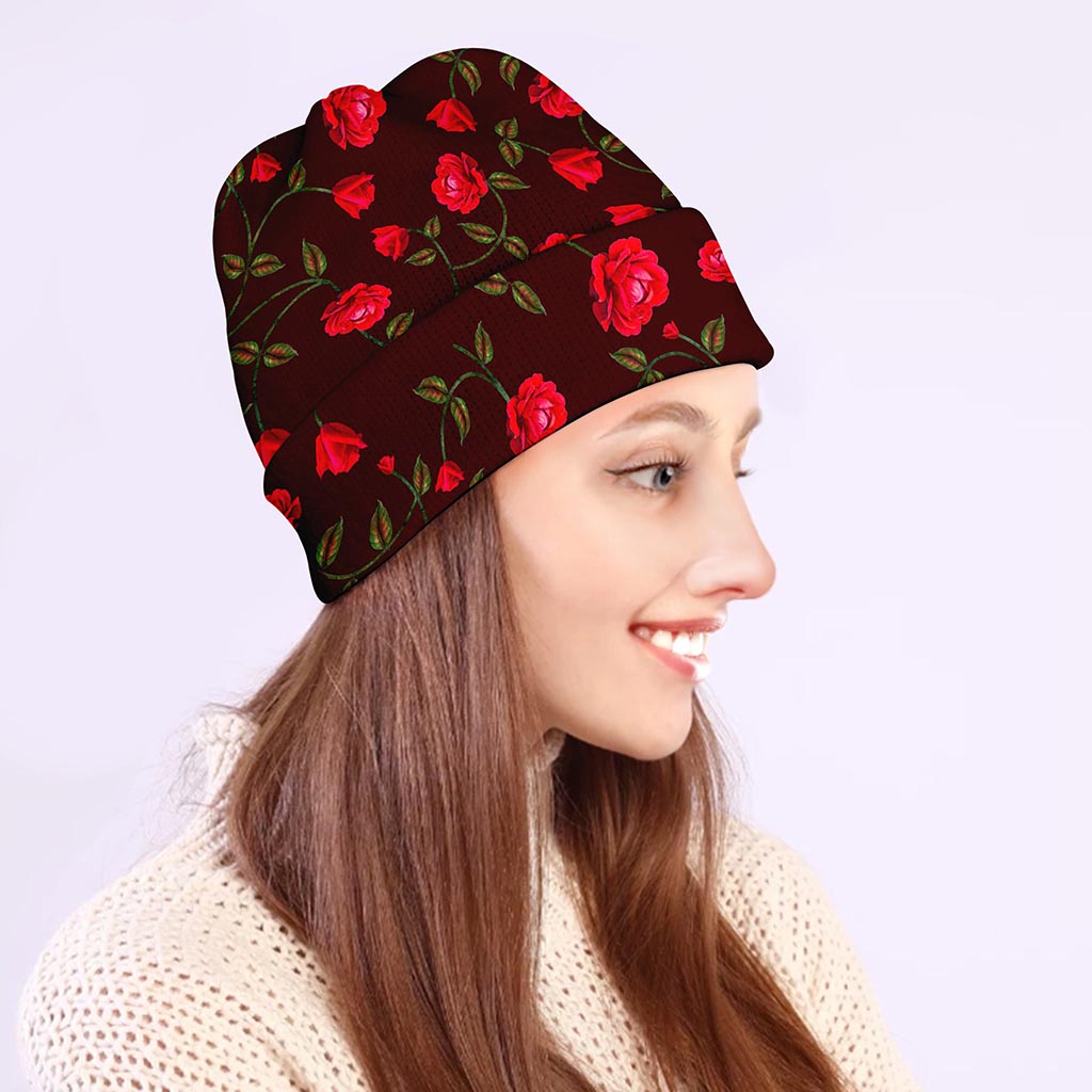 Red Rose Floral Flower Pattern Print Beanie