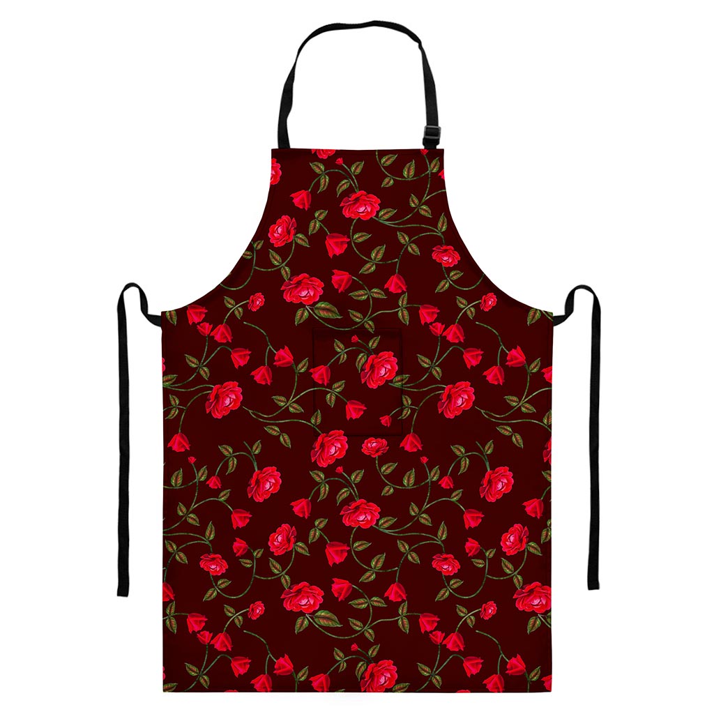 Red Rose Floral Flower Pattern Print Bib Apron With Pocket