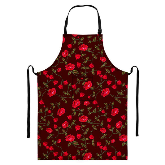 Red Rose Floral Flower Pattern Print Bib Apron With Pocket