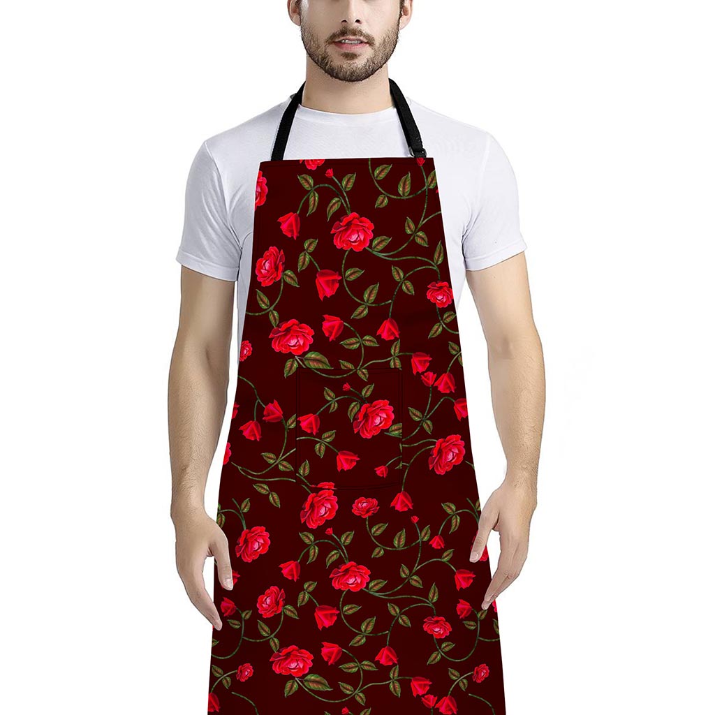 Red Rose Floral Flower Pattern Print Bib Apron With Pocket