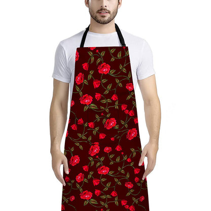Red Rose Floral Flower Pattern Print Bib Apron With Pocket