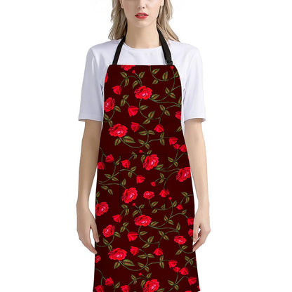 Red Rose Floral Flower Pattern Print Bib Apron With Pocket