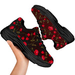 Red Rose Floral Flower Pattern Print Black Chunky Shoes