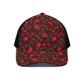 Red Rose Floral Flower Pattern Print Black Mesh Trucker Hat
