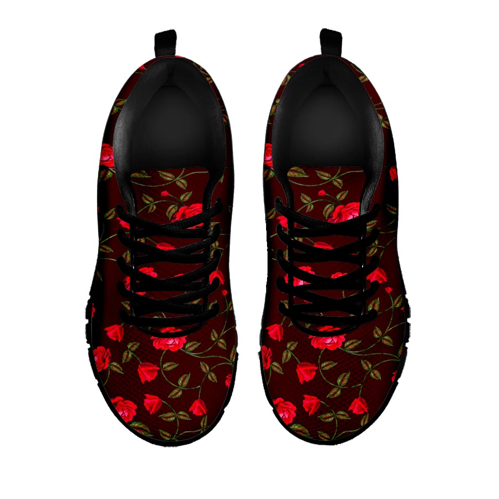 Red Rose Floral Flower Pattern Print Black Running Shoes