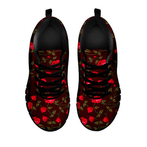 Red Rose Floral Flower Pattern Print Black Running Shoes