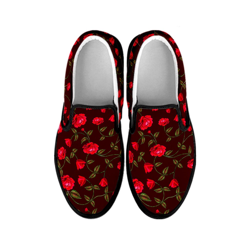 Red Rose Floral Flower Pattern Print Black Slip On Sneakers