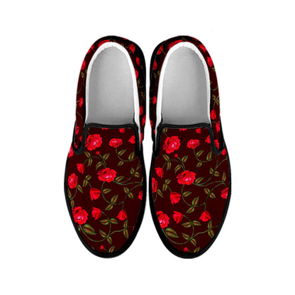Red Rose Floral Flower Pattern Print Black Slip On Sneakers