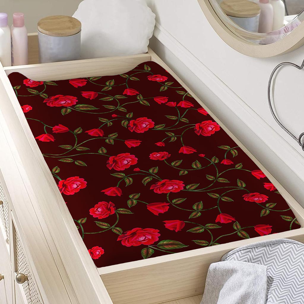Red Rose Floral Flower Pattern Print Changing Pad Cover