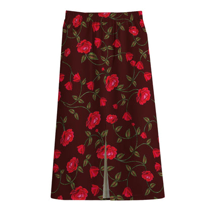Red Rose Floral Flower Pattern Print Cotton Front Slit Maxi Skirt