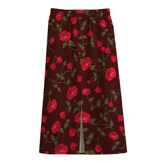 Red Rose Floral Flower Pattern Print Cotton Front Slit Maxi Skirt