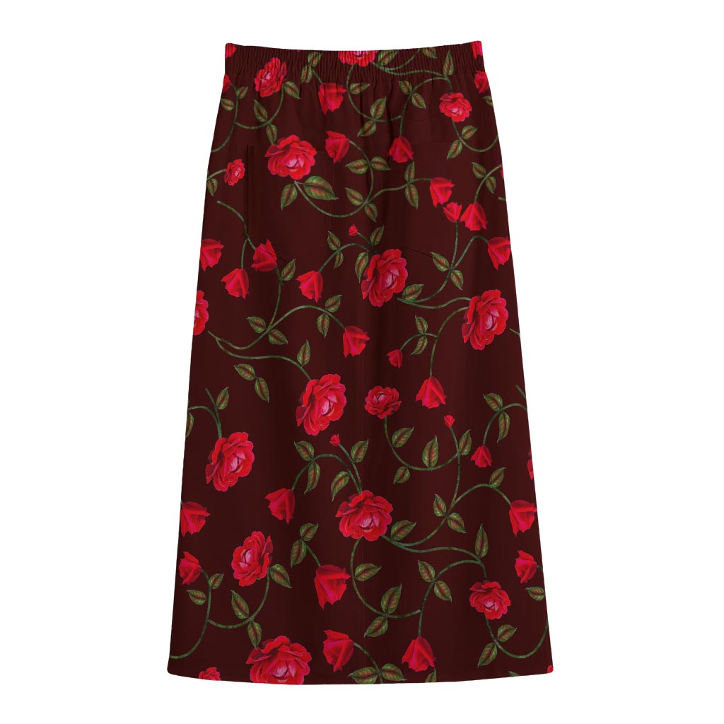 Red Rose Floral Flower Pattern Print Cotton Front Slit Maxi Skirt