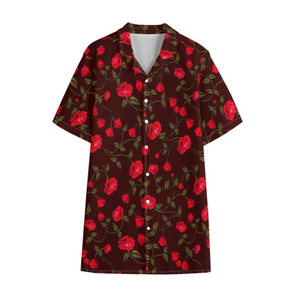 Red Rose Floral Flower Pattern Print Cotton Hawaiian Shirt