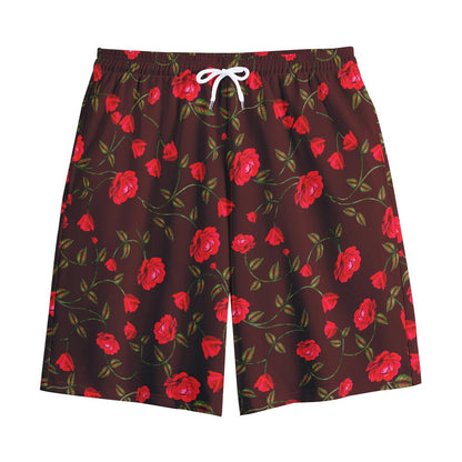 Red Rose Floral Flower Pattern Print Cotton Shorts