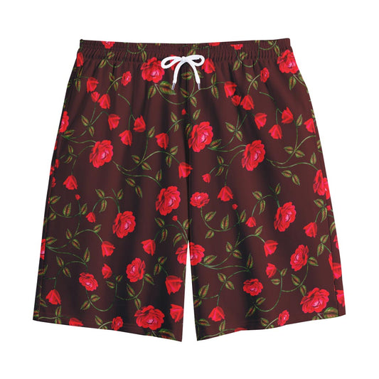 Red Rose Floral Flower Pattern Print Cotton Shorts