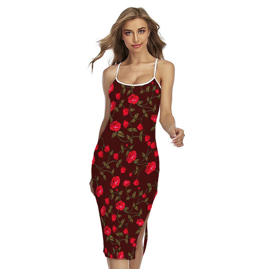 Red Rose Floral Flower Pattern Print Cross Back Cami Dress
