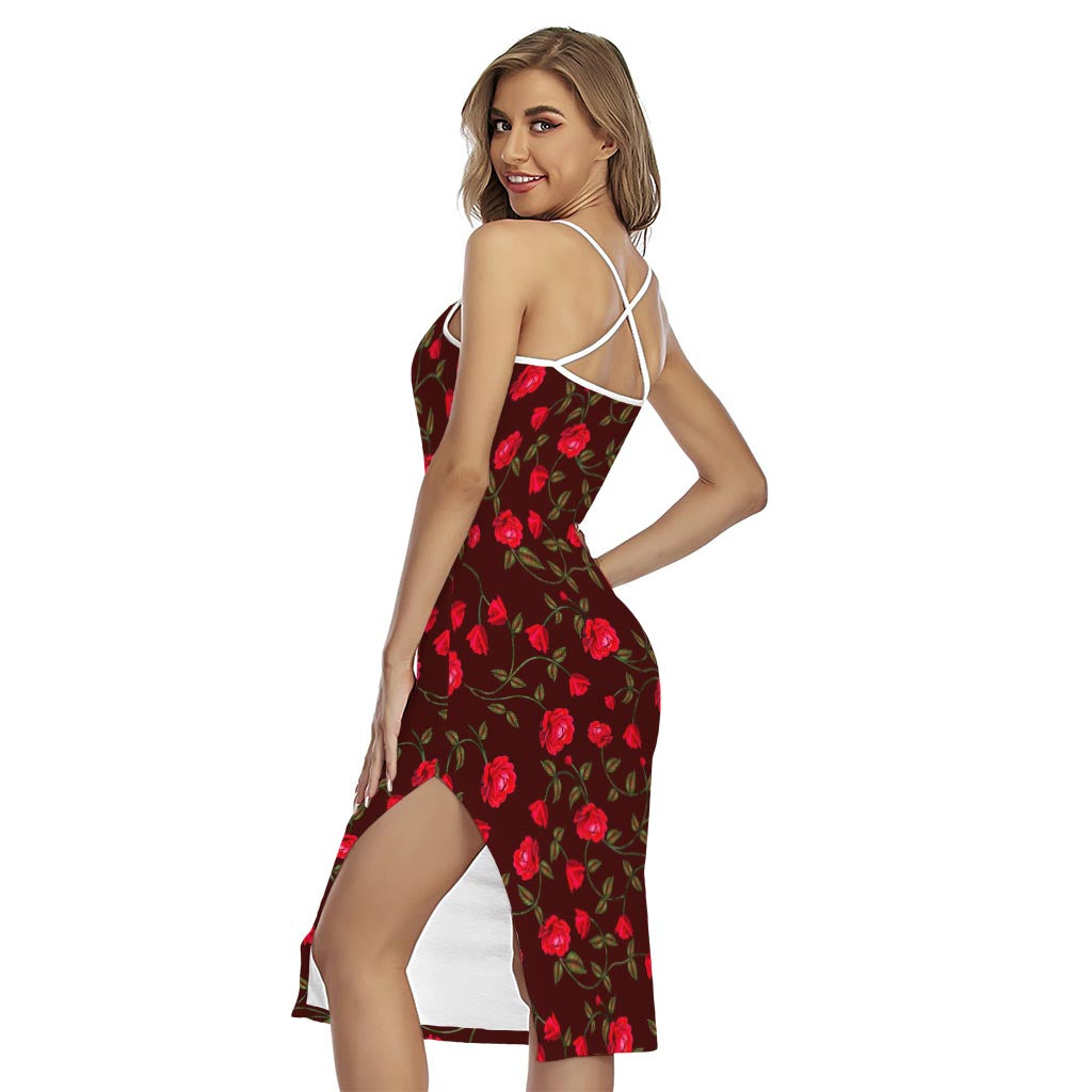 Red Rose Floral Flower Pattern Print Cross Back Cami Dress